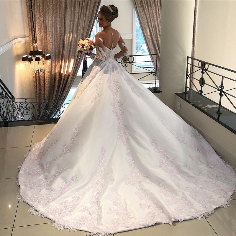 Elegant Long Sleeve Lace Wedding Dress Princess Bridal Wear Zipper Back-showprettydress