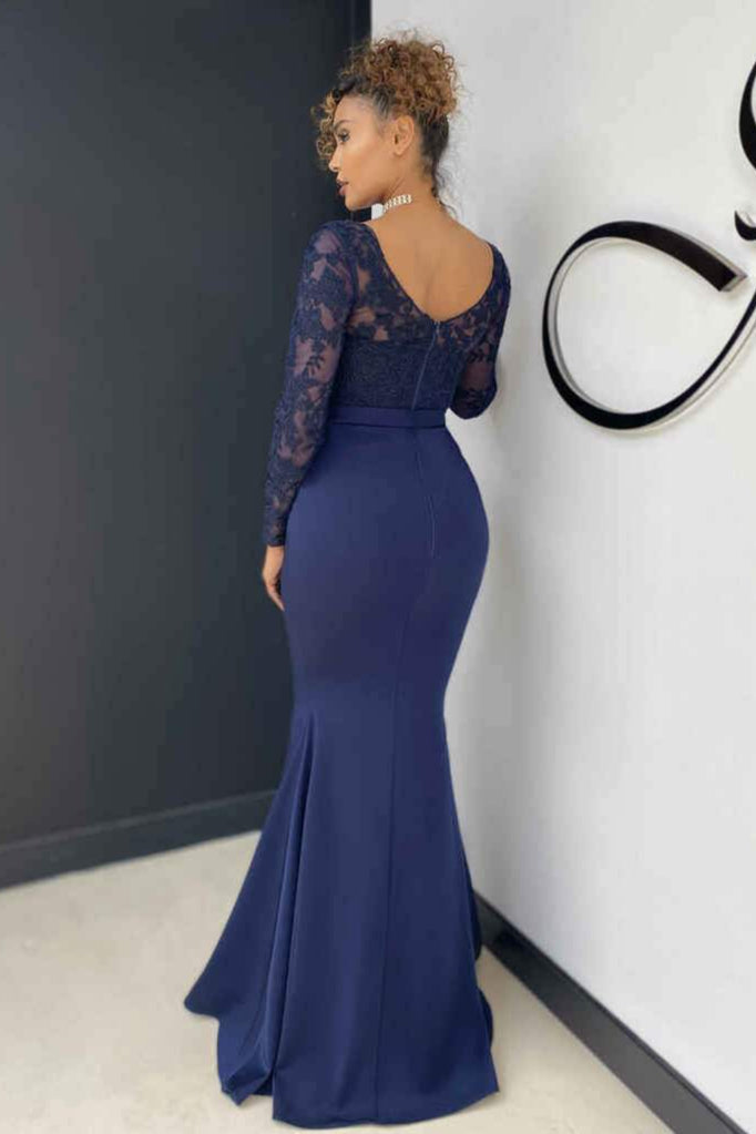 Elegant Long Sleeve Mermaid V-Neck Lace Evening Dress-showprettydress