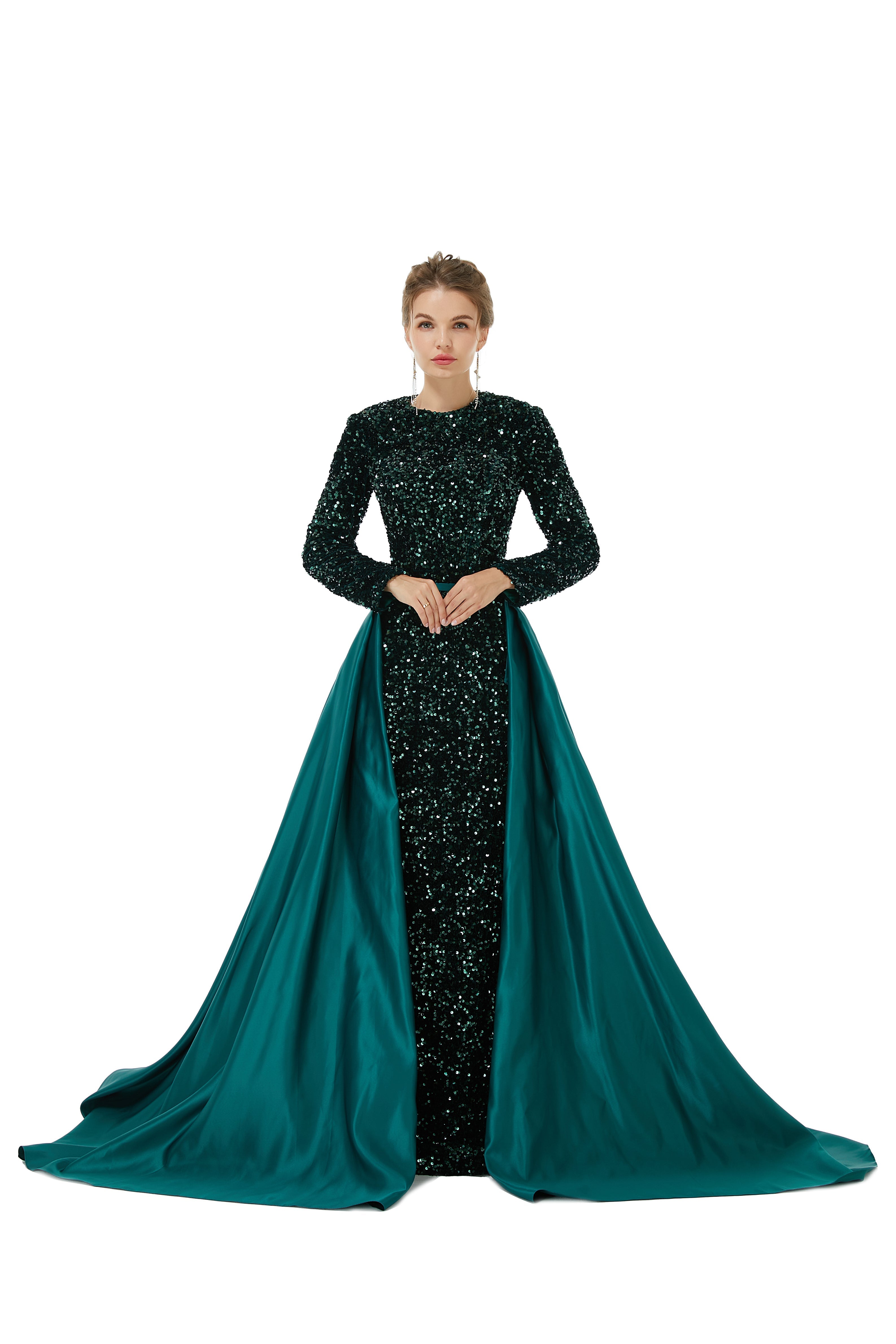 Elegant Long sleeve Sequin Evening Dress with Detachable Skirt-showprettydress