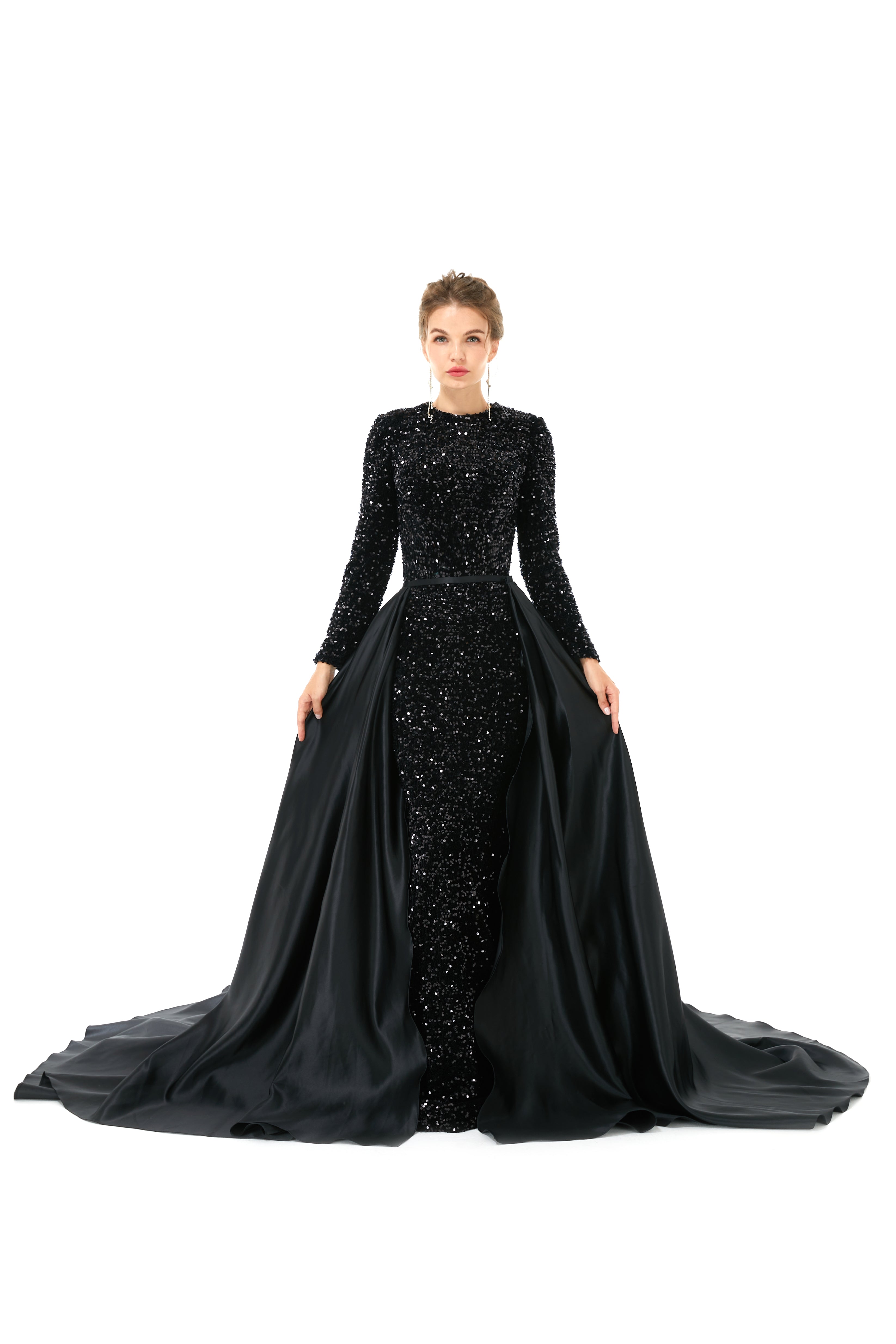 Elegant Long sleeve Sequin Evening Dress with Detachable Skirt-showprettydress