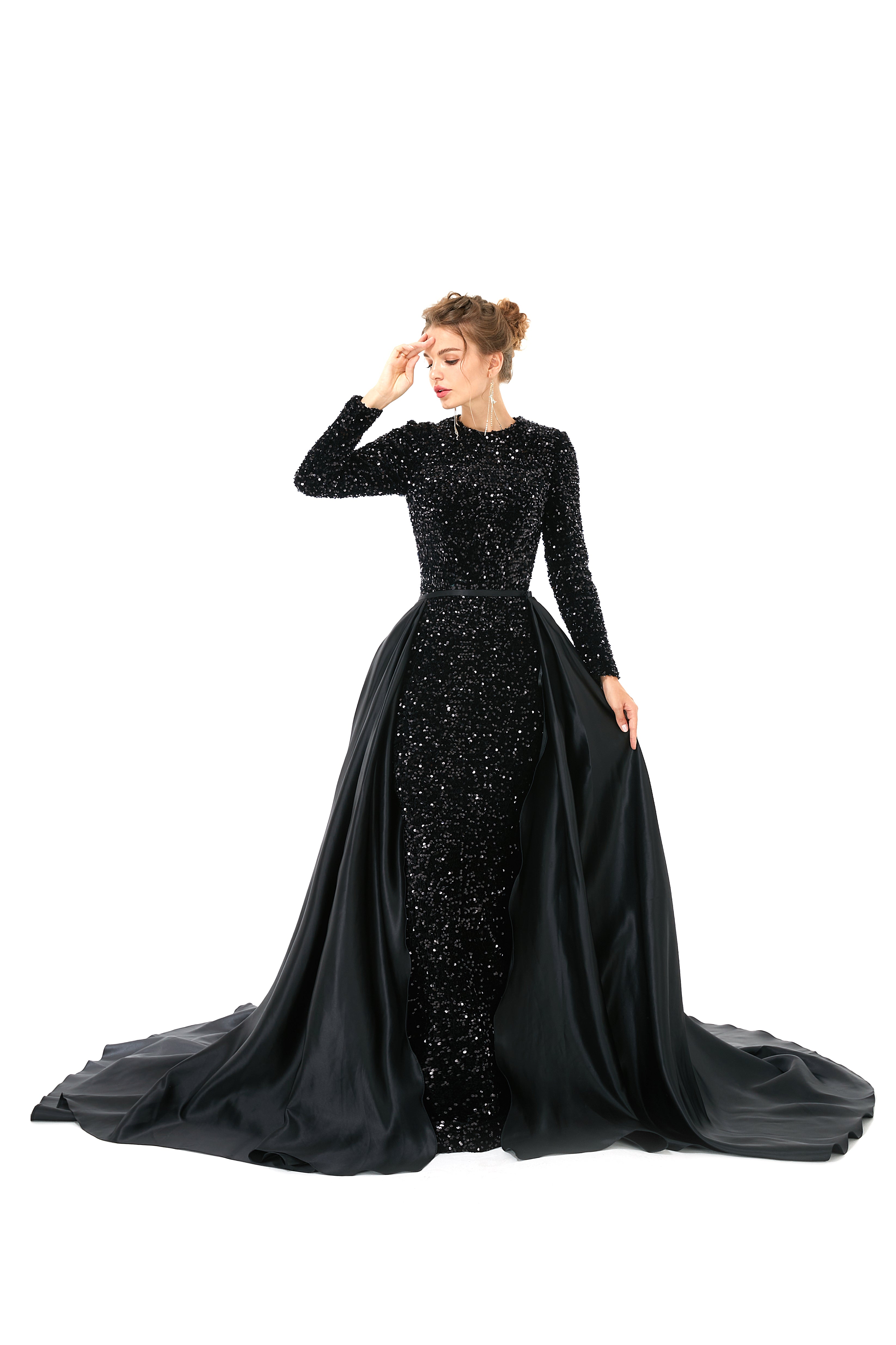 Elegant Long sleeve Sequin Evening Dress with Detachable Skirt-showprettydress