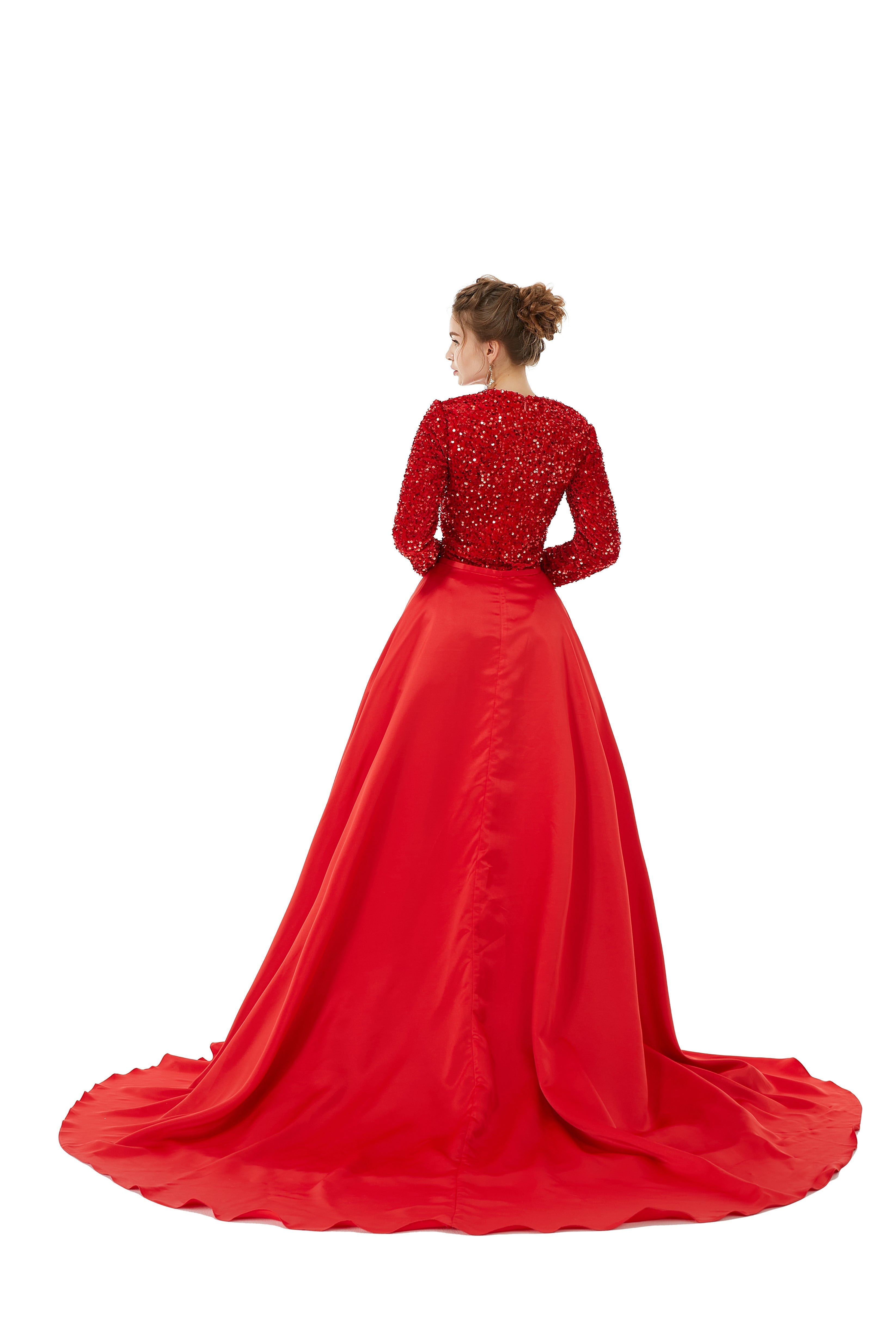 Elegant Long sleeve Sequin Evening Dress with Detachable Skirt-showprettydress