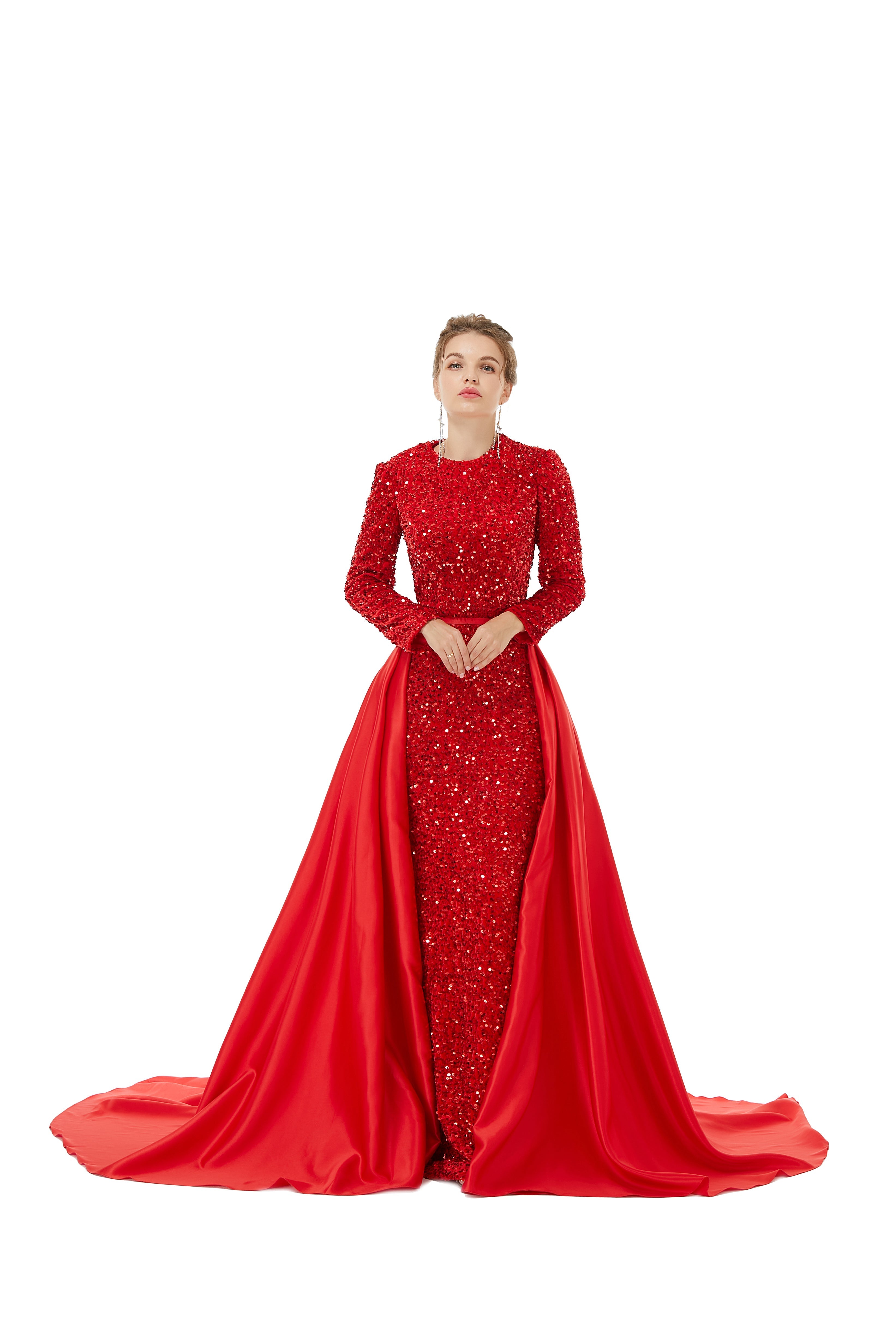 Elegant Long sleeve Sequin Evening Dress with Detachable Skirt-showprettydress