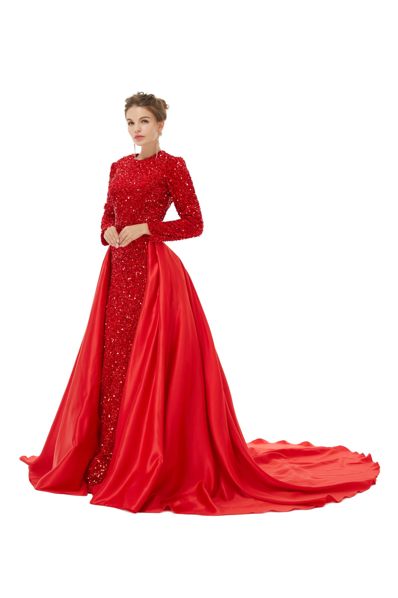 Elegant Long sleeve Sequin Evening Dress with Detachable Skirt | Showprettydress Real Shooting-showprettydress