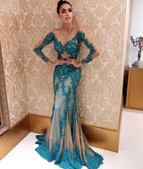Elegant Long Sleeves Illusion neck Blue Lace Appliques Tulle Prom Party Gowns-showprettydress
