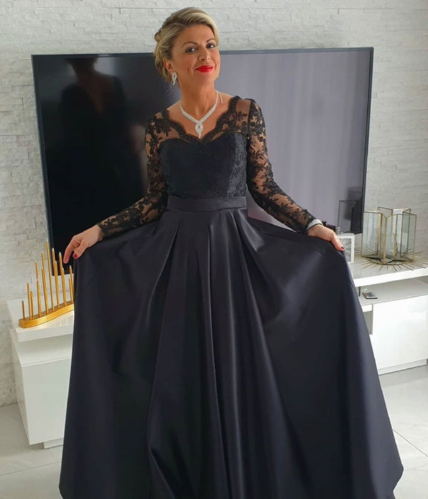 Elegant Long Sleevess Black V-neck Satin Lace Evening Dresses-showprettydress