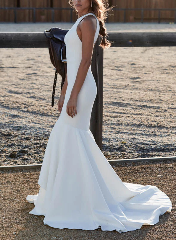 Elegant Mermaid Fitted Back Hole Wedding Dresses in Elastic Satin-Showprettydress