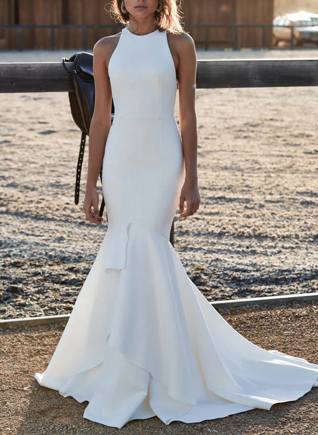 Elegant Mermaid Fitted Back Hole Wedding Dresses in Elastic Satin-Showprettydress