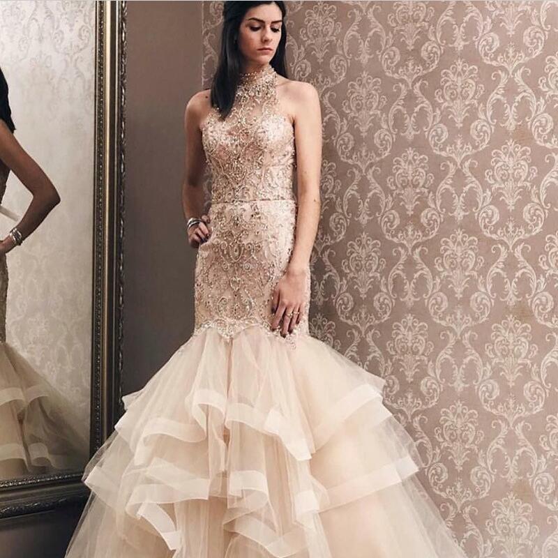 Elegant Mermaid Light Champagne Tulle High Neck Beading Prom Party Gowns| Evening Dress-showprettydress