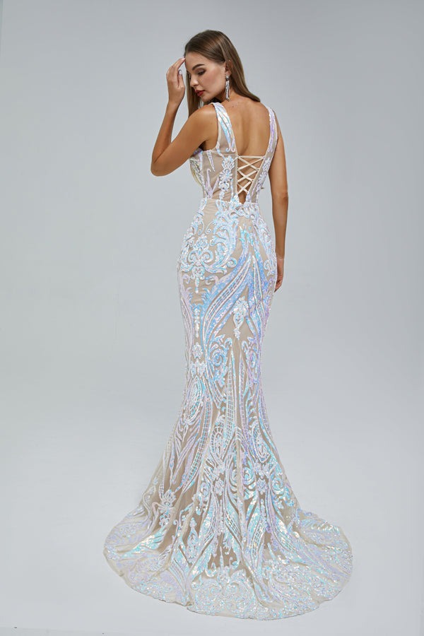 Elegant Mermaid V-neck Backless Lace Sequined Floor-length Long Sleeve Prom Dress-showprettydress