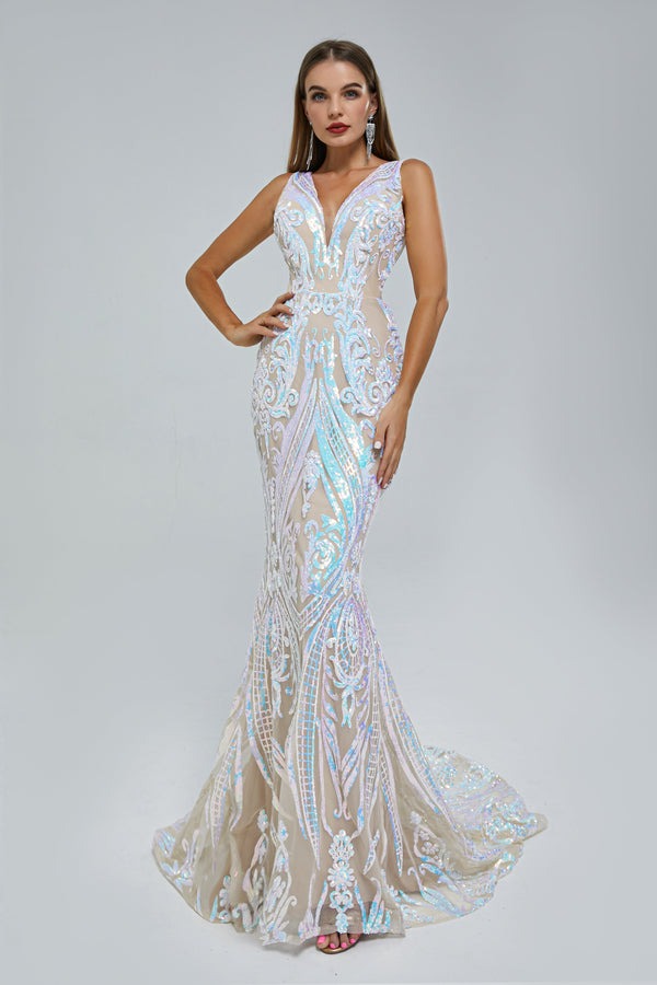 Elegant Mermaid V-neck Backless Lace Sequined Floor-length Long Sleeve Prom Dress-showprettydress