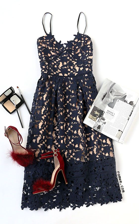 Elegant Navy Blue Lace Ankle-length Homecoming Dress-showprettydress