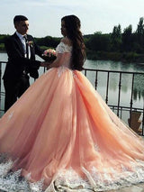Elegant Off-the-Shoulder Appliques Ball Gown Tulle Sweep Train Prom Dresses-showprettydress