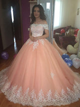 Elegant Off-the-Shoulder Appliques Ball Gown Tulle Sweep Train Prom Dresses-showprettydress