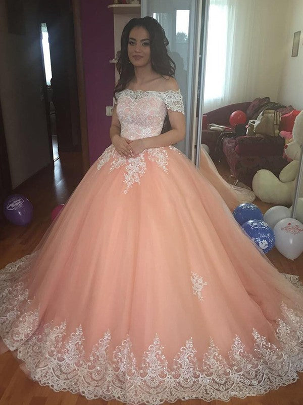 Elegant Off-the-Shoulder Appliques Ball Gown Tulle Sweep Train Prom Dresses-showprettydress