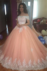 Elegant Off-the-Shoulder Appliques Ball Gown Tulle Sweep Train Prom Dresses-showprettydress