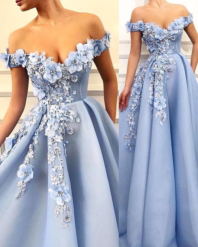 Elegant Off-The-Shoulder Flower Appliques Sleeveless A-Line Prom Party Gowns-showprettydress