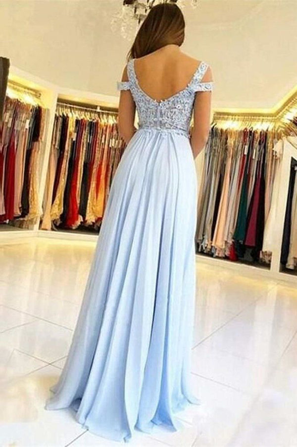 Elegant Off-the-shoulder Low Back Prom dresses with Chic High Split Ligh Sky blue Evening Gowns with Lace appliques-showprettydress