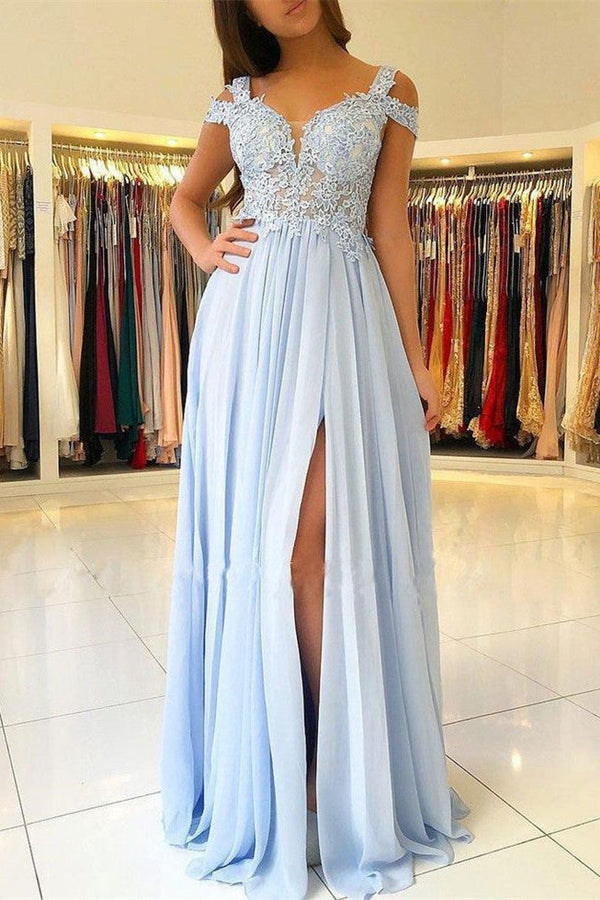 Elegant Off-the-shoulder Low Back Prom dresses with Chic High Split Ligh Sky blue Evening Gowns with Lace appliques-showprettydress