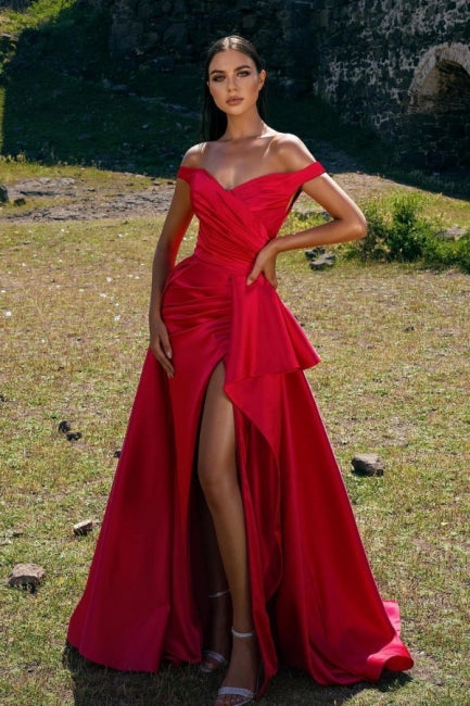 Elegant Off-the-Shoulder Red Prom Dress Long With Slit-showprettydress
