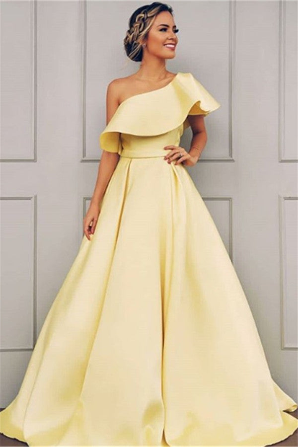 Elegant One Shoulder A-Line Sweep Train Prom Dresses-showprettydress