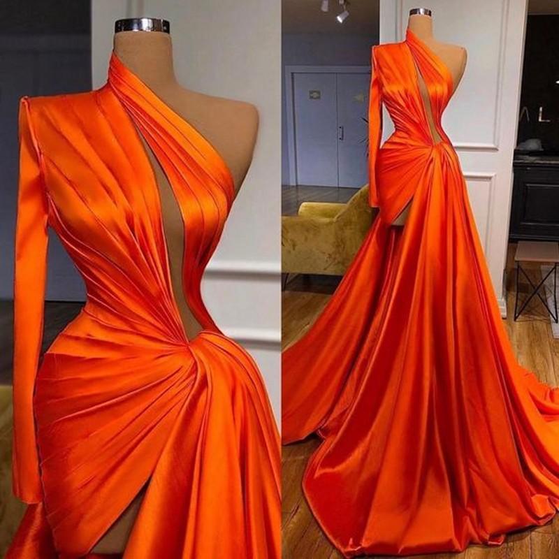 Elegant One Shoulder Long Sleeves Prom Dress With Split Front-showprettydress