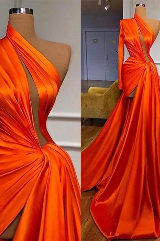 Elegant One Shoulder Long Sleeves Prom Dress With Split Front-showprettydress