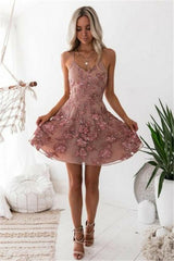 Elegant Pink Floral Homecoming Dresses Spaghetti Straps Lace Appliques Hoco Dresses-showprettydress