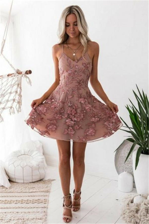 Elegant Pink Floral Homecoming Dresses Spaghetti Straps Lace Appliques Hoco Dresses-showprettydress