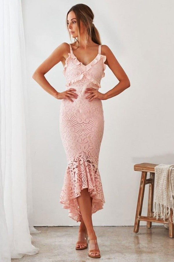 Elegant Pink High low V-neck Chic Homecoming Dress On Sale-showprettydress