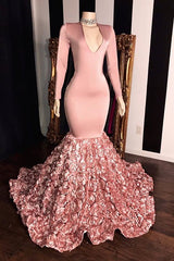 Elegant Pink Long Sleevess Flowers Mermaid Prom Gowns V-Neck Evening Dress-showprettydress