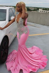 Elegant Pink Mermaid Court Train Prom Dresses wth Silver Beads-showprettydress