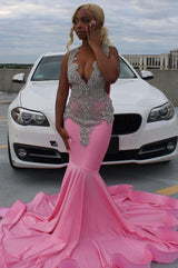 Elegant Pink Mermaid Court Train Prom Dresses wth Silver Beads-showprettydress