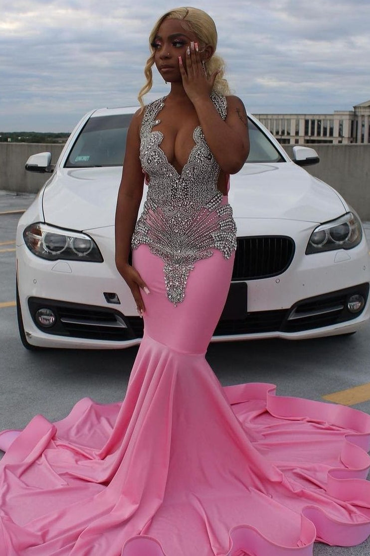 Elegant Pink Mermaid Court Train Prom Dresses wth Silver Beads-showprettydress
