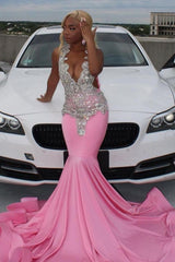 Elegant Pink Mermaid Court Train Prom Dresses wth Silver Beads-showprettydress