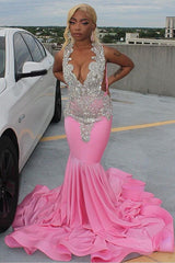 Elegant Pink Mermaid Court Train Prom Dresses wth Silver Beads-showprettydress