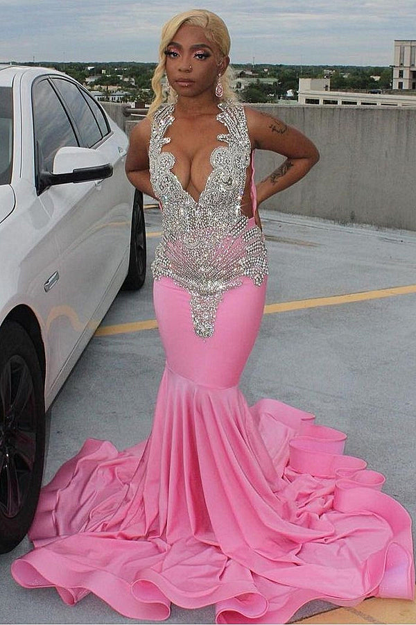 Elegant Pink Mermaid Court Train Prom Dresses wth Silver Beads-showprettydress