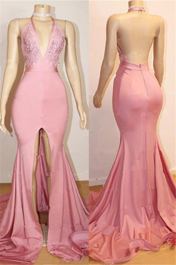 Elegant Pink Prom Party Gowns| Backless Lace Evening Gown With Slit-showprettydress