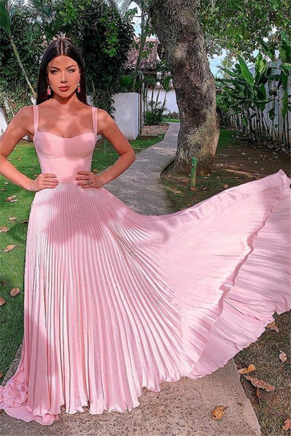 Elegant Pink Straps Sleeveless A-Line Prom Dresses-showprettydress