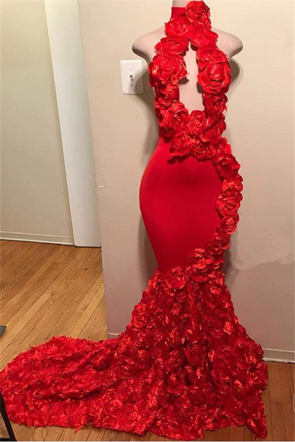Elegant Red Halter Flower Sleeveless Mermaid Prom Party Gowns-showprettydress