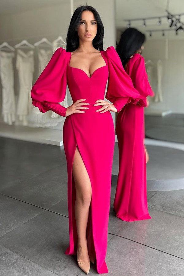 Elegant Red Long Mermaid Sweetheart Bubble sleeves Prom Dress with Slit-showprettydress