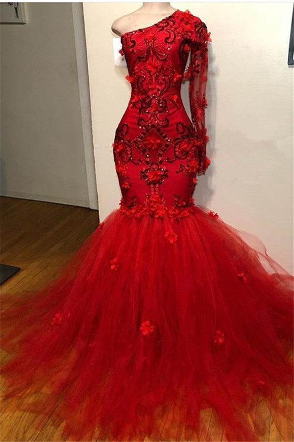 Elegant Red One-Shoulder Long-Sleeves Appliques Mermaid Prom Party Gowns-showprettydress