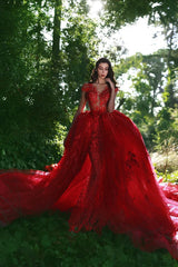 Elegant Red V-Neck OverSkirt Lace Applique Prom Dresses-showprettydress