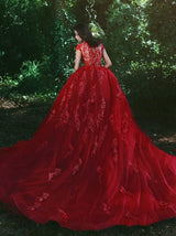 Elegant Red V-Neck OverSkirt Lace Applique Prom Dresses-showprettydress