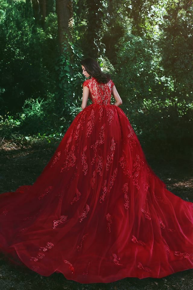 Elegant Red V-Neck OverSkirt Lace Applique Prom Dresses-showprettydress
