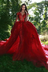 Elegant Red V-Neck OverSkirt Lace Applique Prom Dresses-showprettydress