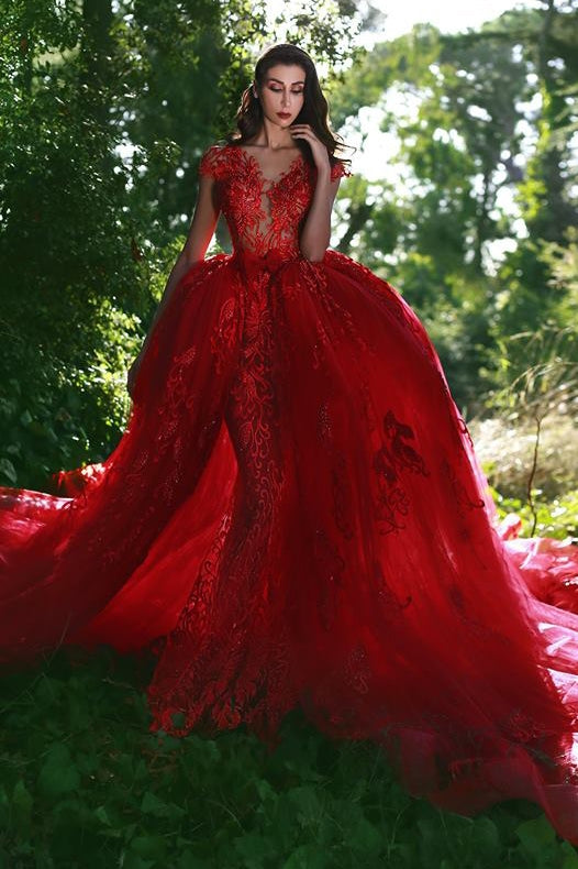 Elegant Red V-Neck OverSkirt Lace Applique Prom Dresses-showprettydress