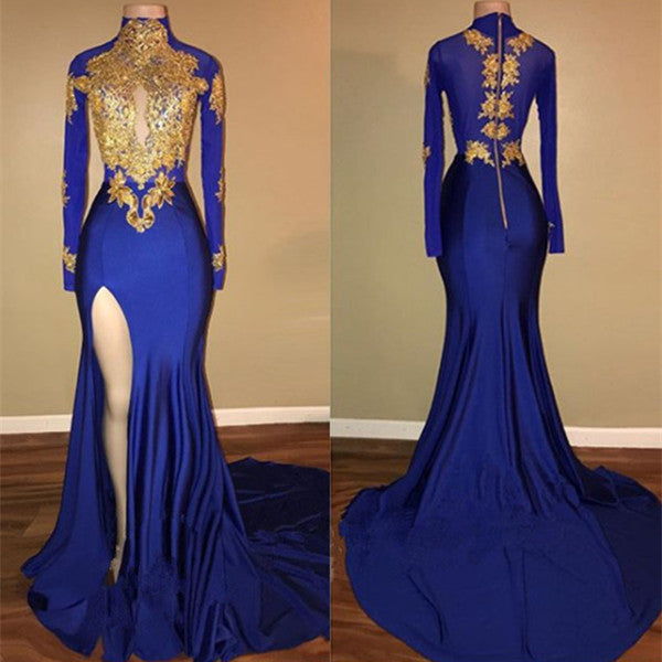 Elegant Royal Blue Prom Party GownsMermaid Long Sleeves With Appliques-showprettydress