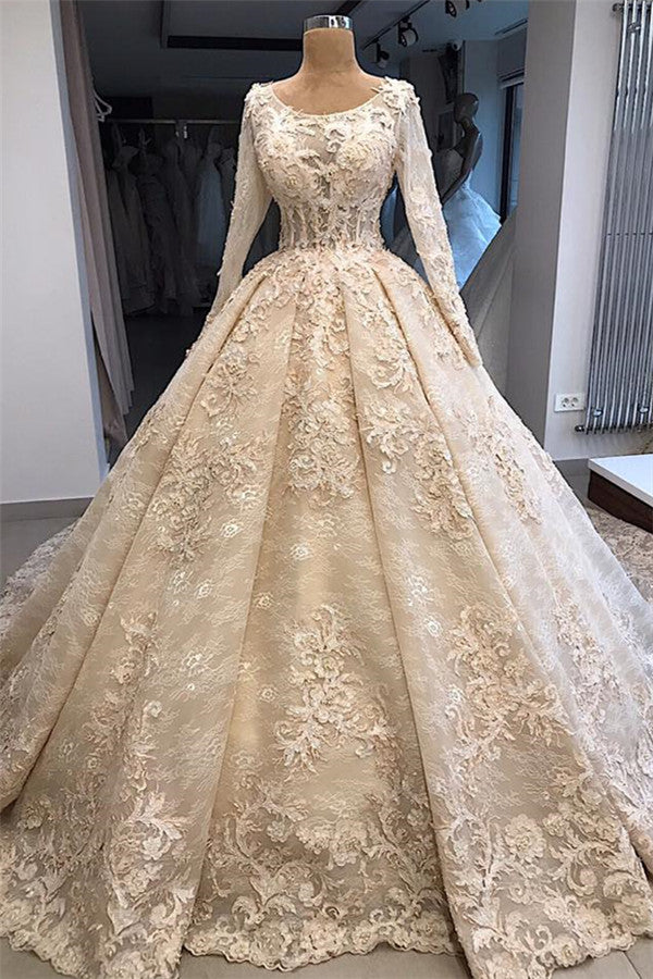 Elegant Scoop Long Sleevess Appliques Ball Gown Wedding Dresses-showprettydress