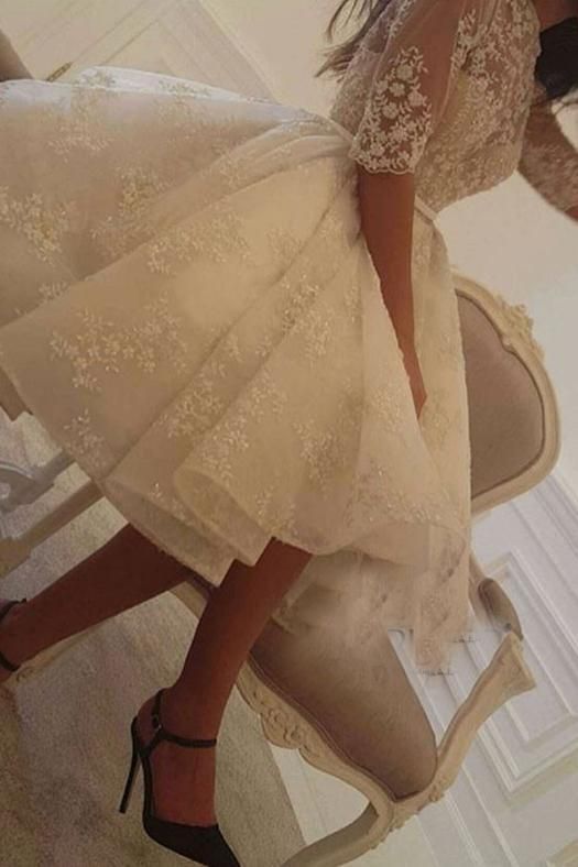 Elegant Short A-line Jewel Tulle Lace Wedding Dress with Sleeves-showprettydress